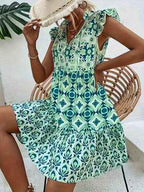 V-Neck Strap Flower Dress Cap Sleeve Printed Vacation Dress