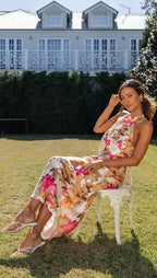 Summer Satin Dress Elegant Sleeveless Mock Neck Cocktail Party Maxi Dresses Sexy Halter Neck Floral Print Slim Casual dress