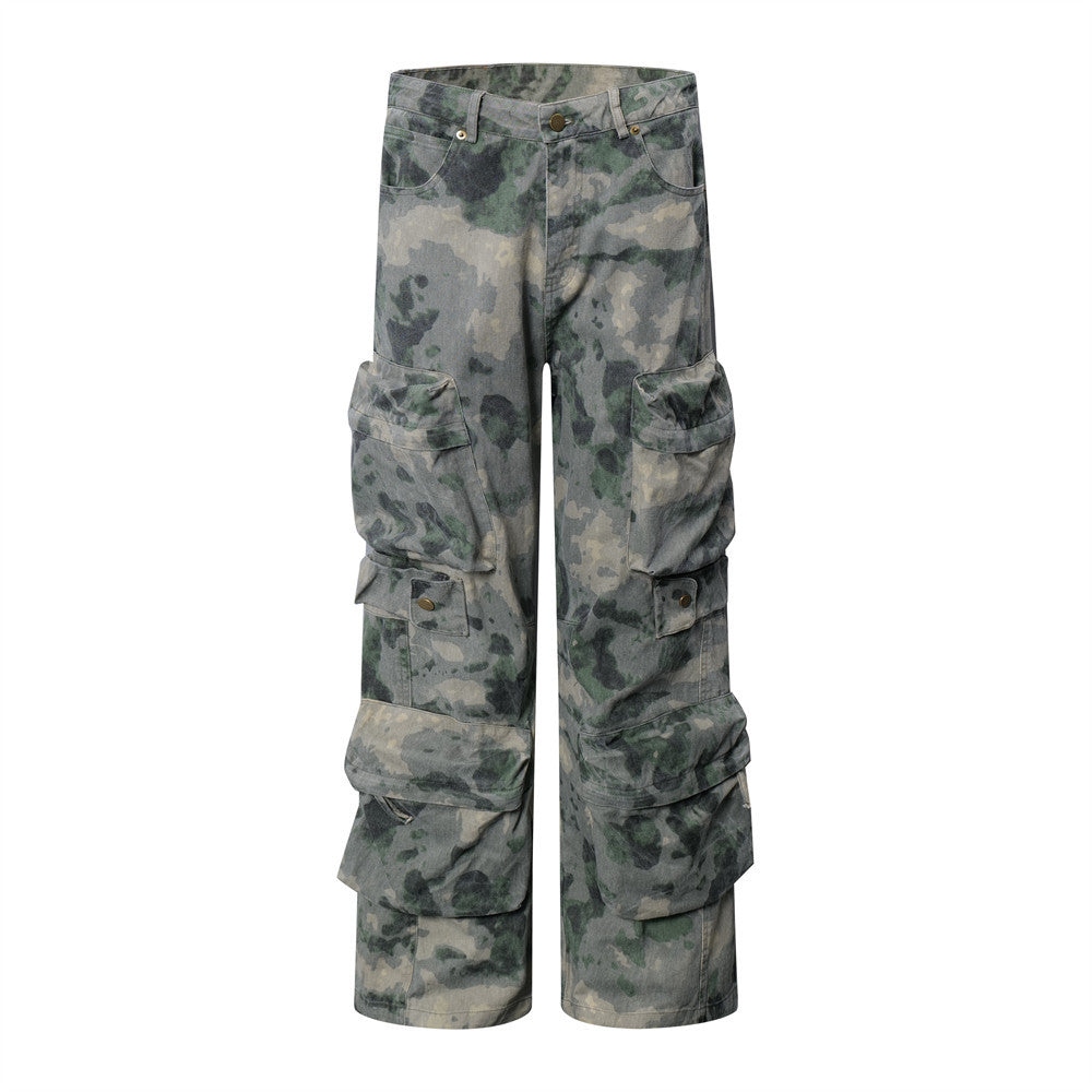 Dimensional Patch Pocket Wide Leg Tie-dye Camouflage Large Pocket Overalls Men Lootquake LLC