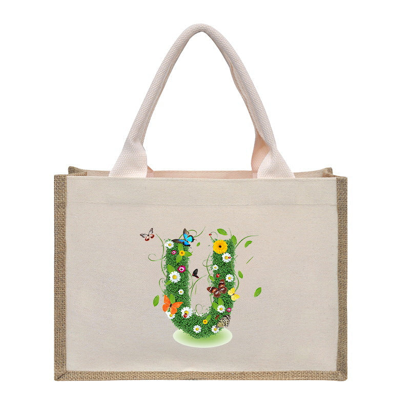 Cotton and linen canvas tote bag, printed letter tote bag, portable light handbag, gift shopping bag - SJB-DIAMOND ELITES