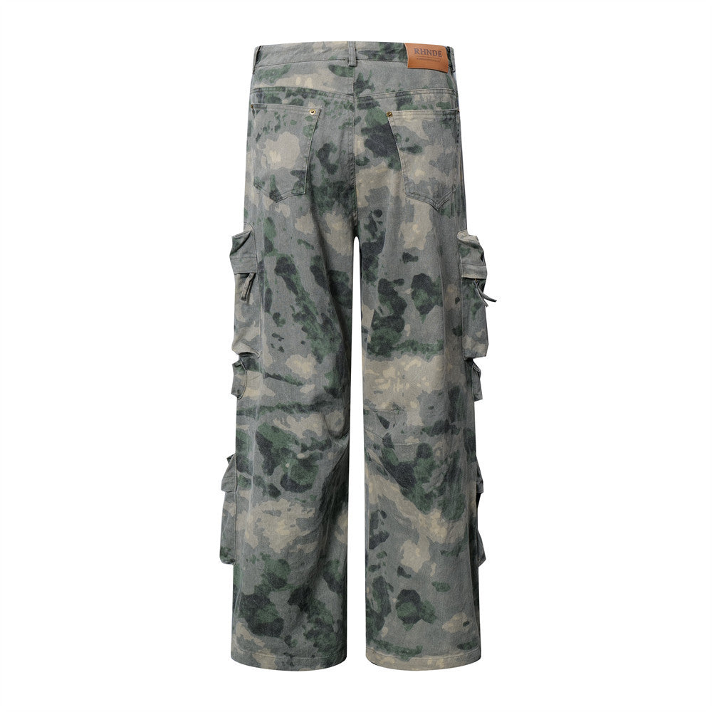 Dimensional Patch Pocket Wide Leg Tie-dye Camouflage Large Pocket Overalls Men Lootquake LLC