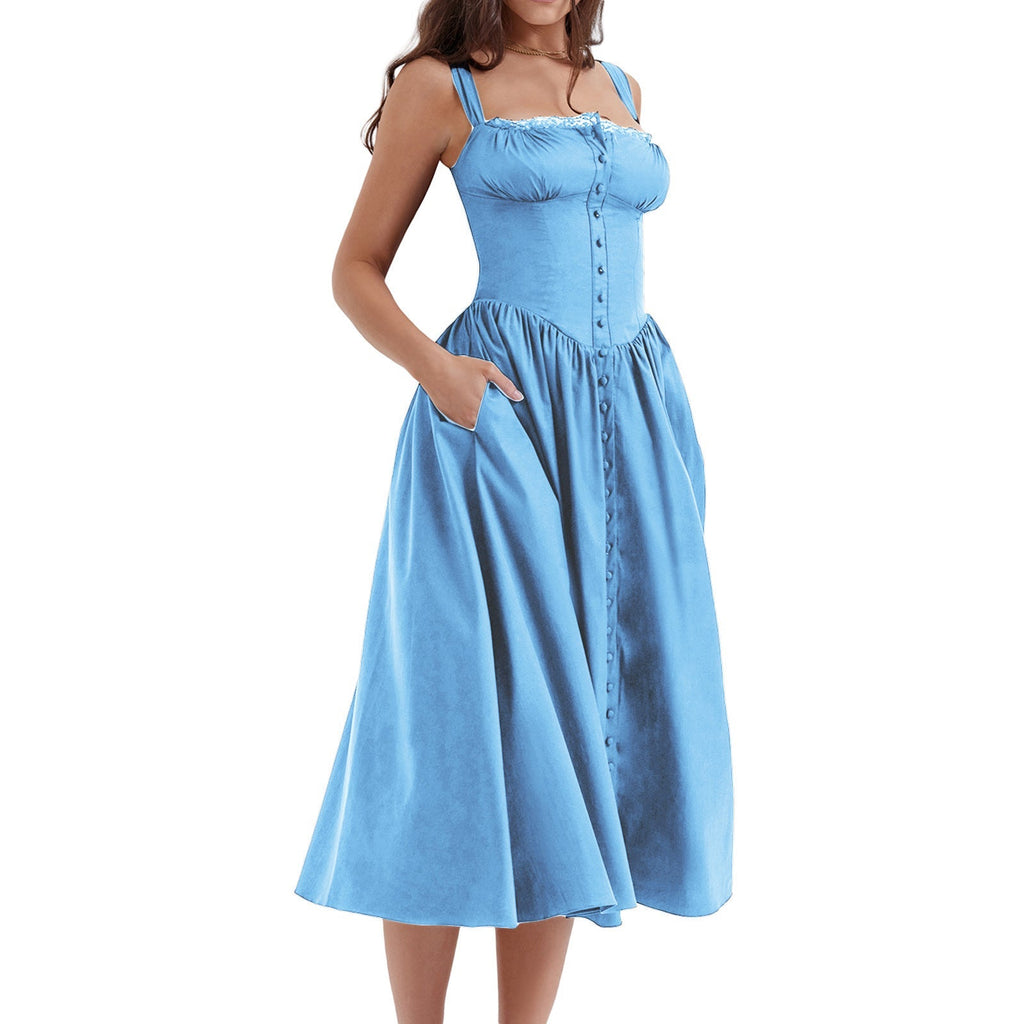 Floral Midi Corset Dress with Square Neck - Women's Smocked Lace-Up Sundress for Wedding Guest & Beach Holiday Parties