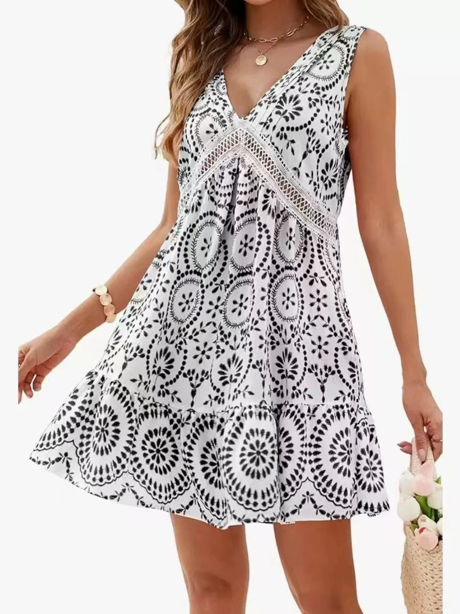 Women's Elegant Printed Hollow Lace V-neck Sleeveless Dress Lootquake LLC