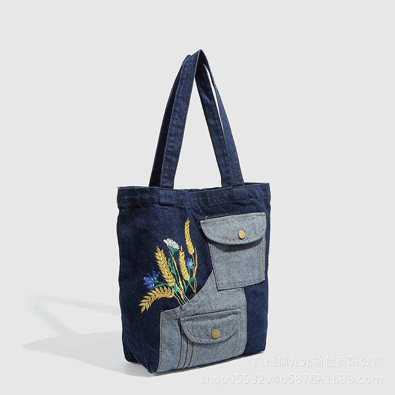 Shoulder denim bag, wheat ear embroidery splicing shoulder bag, vintage tote bag, fashion shopping bag - SJB-DIAMOND ELITES