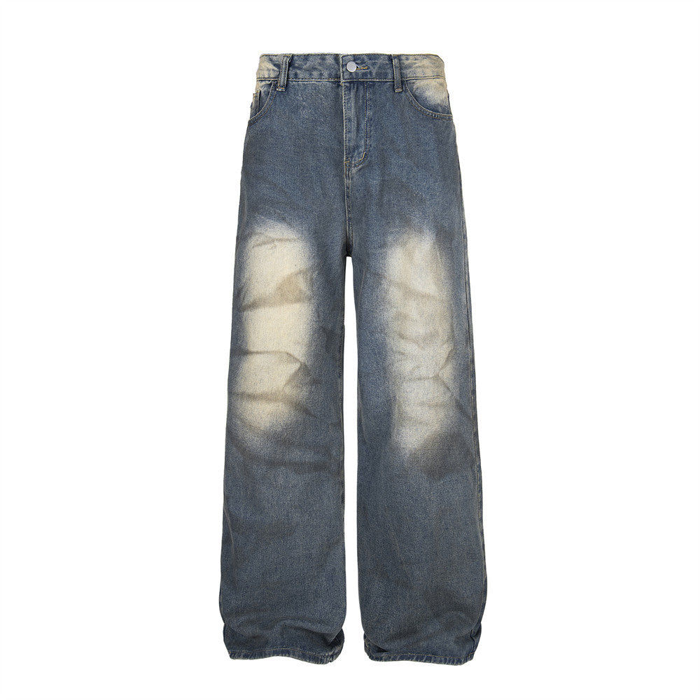 Wide Leg Straight Waste Soil Wind Contrast Color Inkjet Jeans Men Lootquake LLC