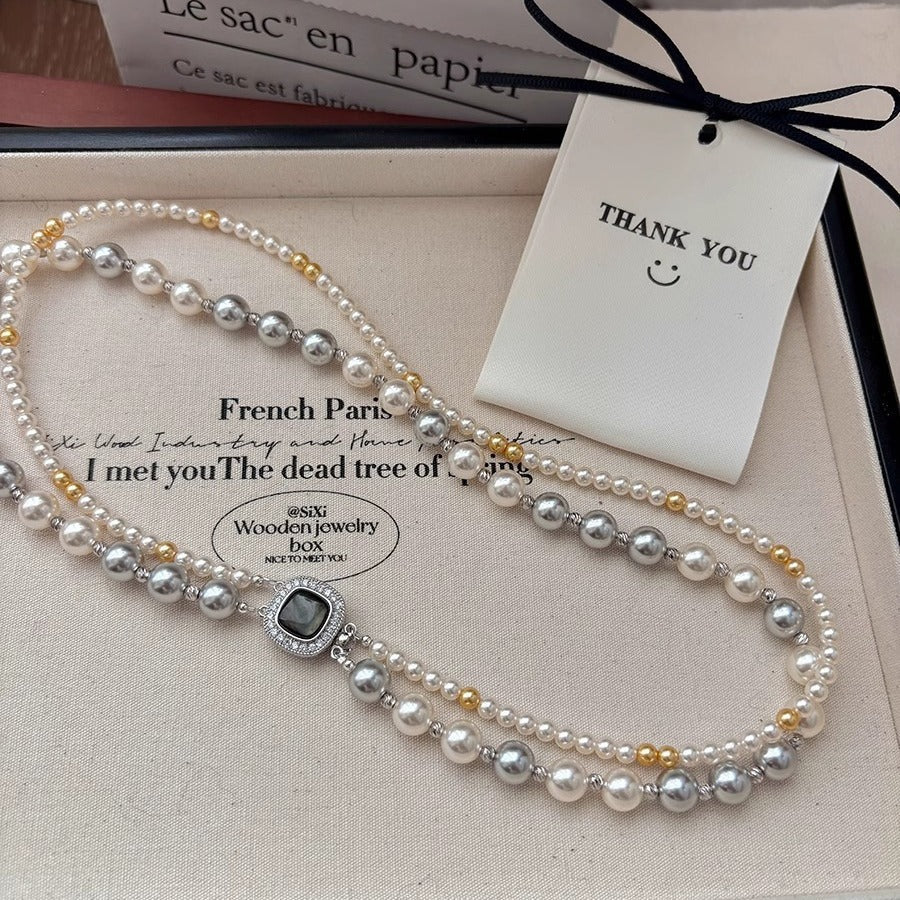 Fashion Jewelry Micro-inlaid Square Dual-wear Double-layer Necklace Pi-Mart