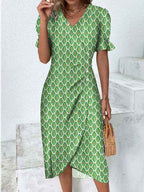 Slim-fit Women's Geometric Collage Bubble Sleeves Irregular hem Dress Sub Female Split Dress Summer Floral dress