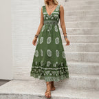 New Holiday Printed Green Ethnic Style Casual V-neck High Waist Dress For Women Lootquake LLC
