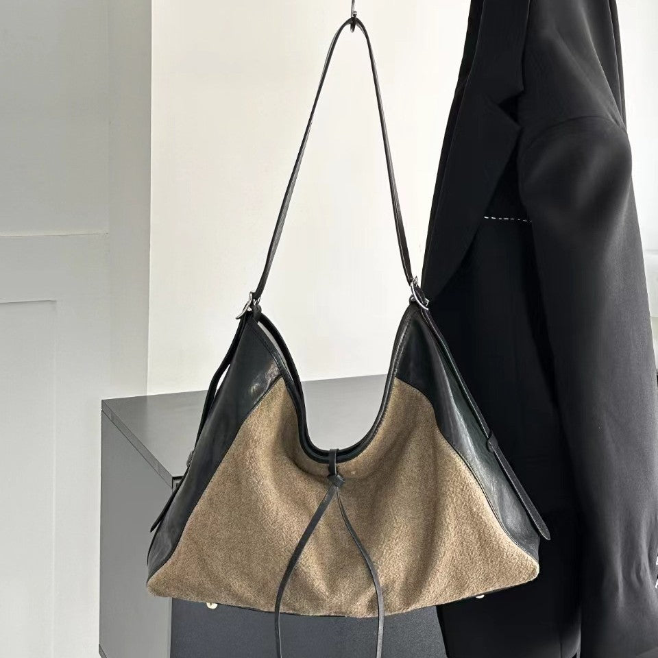 Linen Splicing Vegetable Tanned Cowhide Bag, Large Capacity Casual Bucket Bag, Underarm Shoulder Tote Bag, Hobo Bag for Women - SJB-DIAMOND ELITES