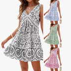 Women's Elegant Printed Hollow Lace V-neck Sleeveless Dress Lootquake LLC