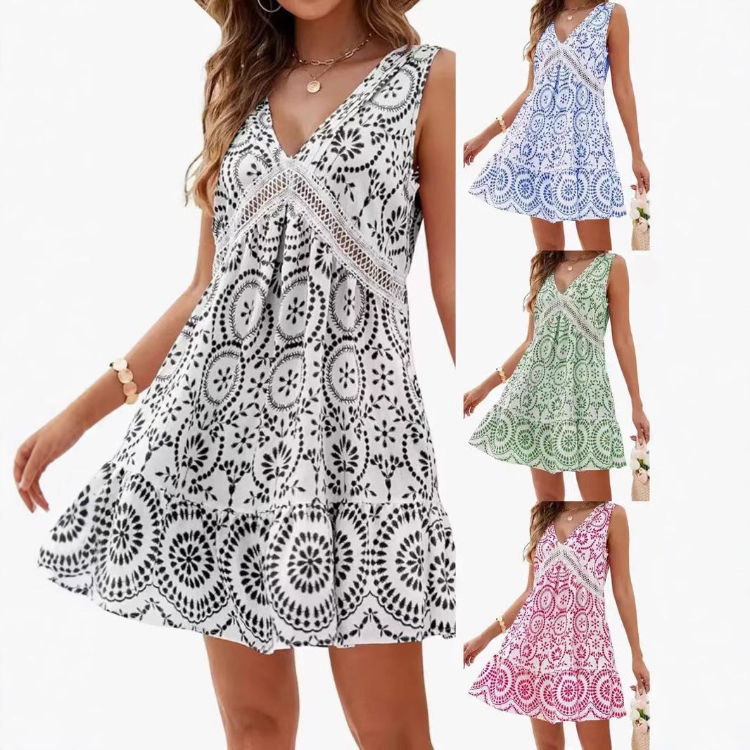 Women's Elegant Printed Hollow Lace V-neck Sleeveless Dress Lootquake LLC