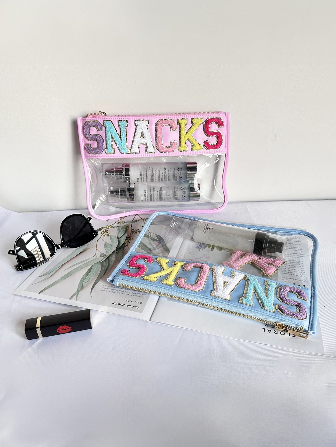 PVC transparent storage bag, embroidered letter cosmetic bag, wash storage towel embroidered file bag 2pcs, - SJB-DIAMOND ELITES