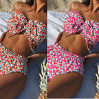 Bikini split swimsuit flower print pleated lace tube top triangular bikini