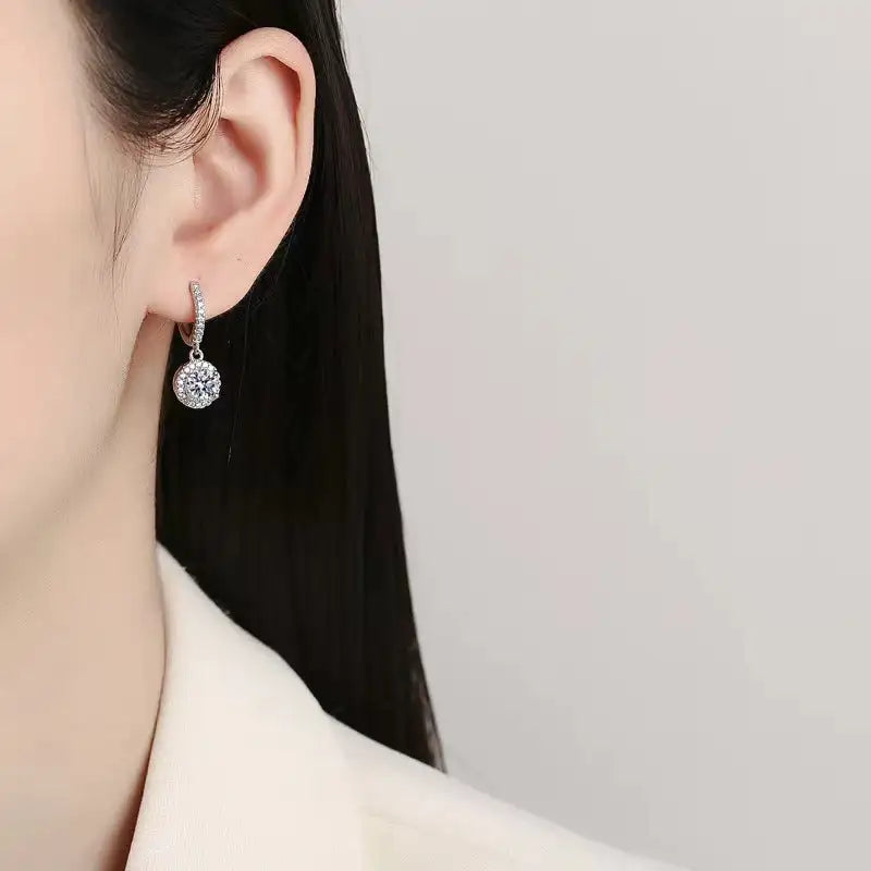Diamond S925 Sterling Silver Round Bag Earrings