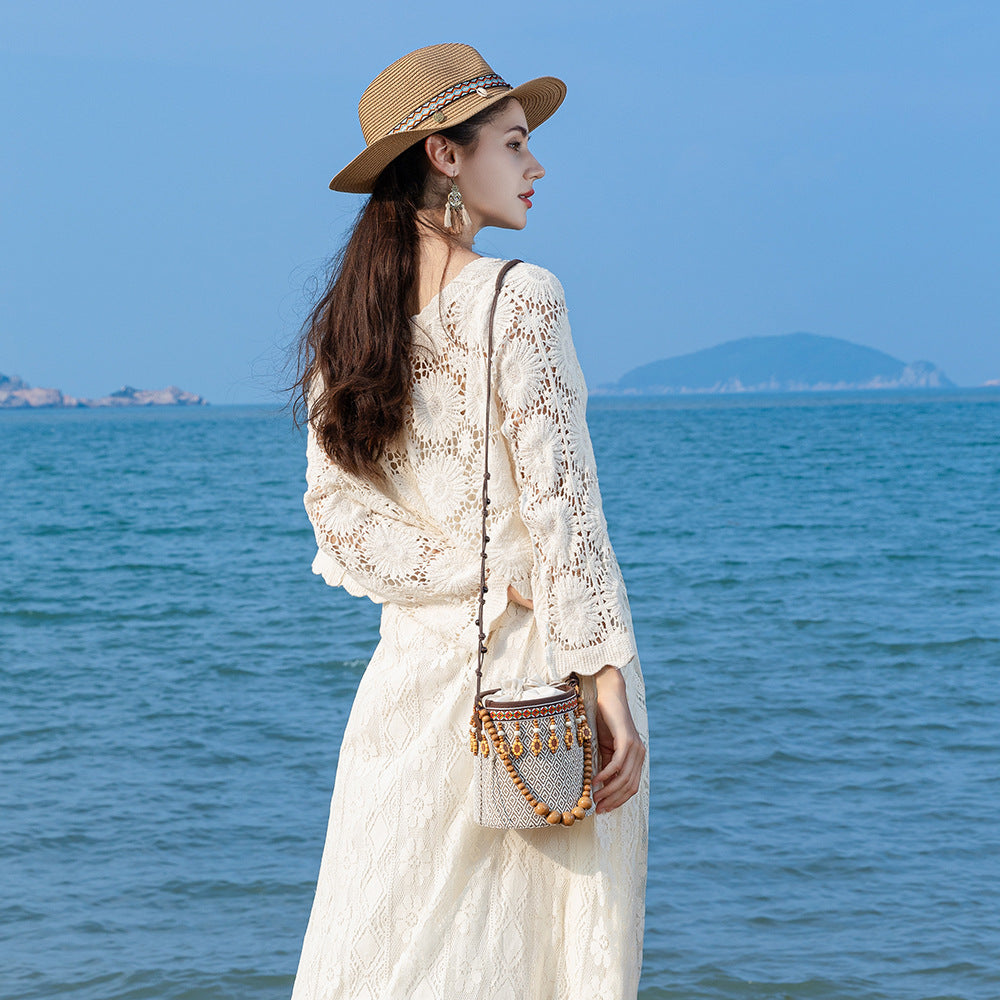 Bohemian small straw bag, seaside vacation mini bucket bag, leisure travel shoulder bag, small woven bag women hobo - SJB-DIAMOND ELITES