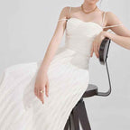 Double Shoulder Strap Simple Versatile Solid Color Dress Elegant Sexy Sleeveless Strap Pleated A Line dress