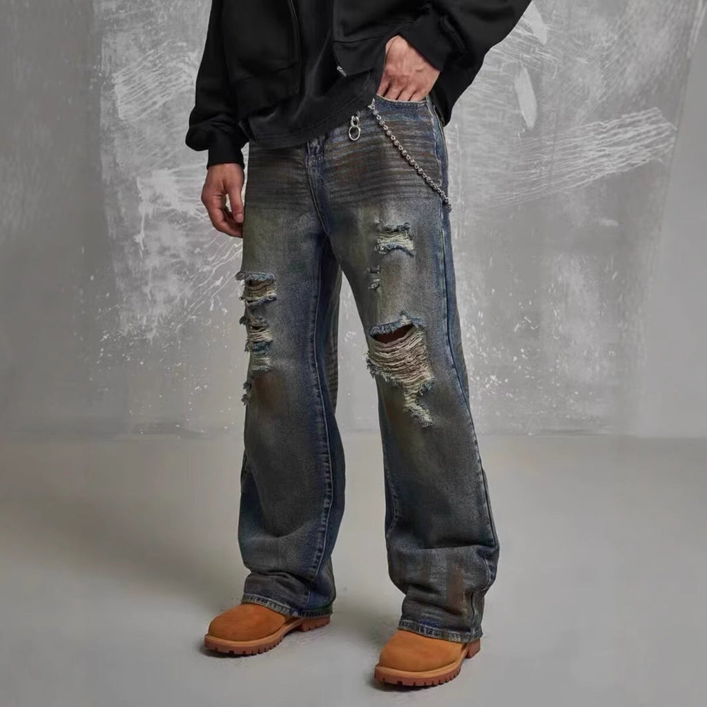 Loose Straight Slim-fit Waste Soil Blue With Holes Jeans Lootquake LLC