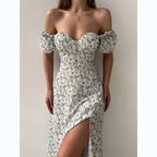 Sleeveless Floral Print Maxi Dress - Strapless Square Neck with High Slit & Waist Emphasis