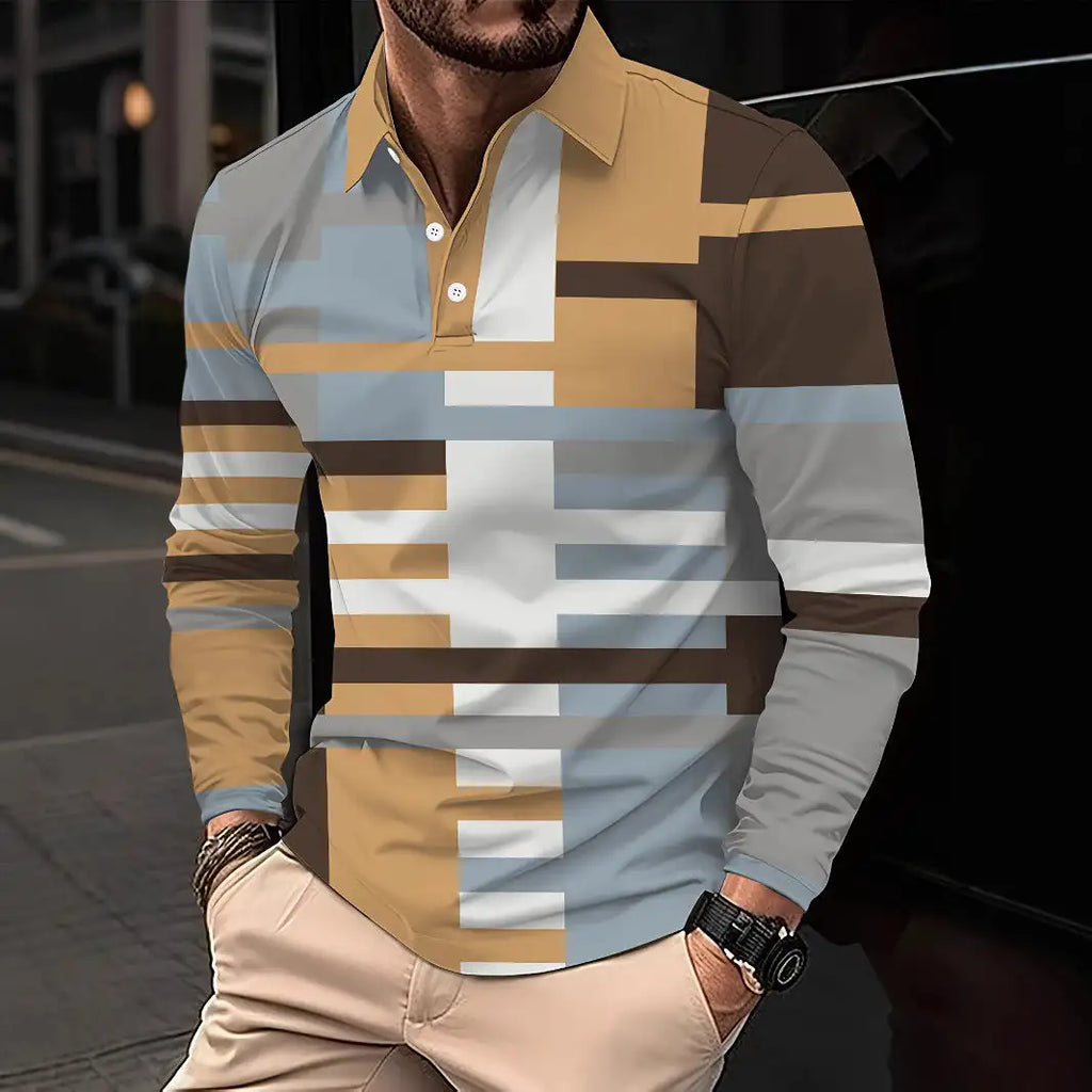 Men's Button Casual Slim Lapel 3D Printed Long Sleeve
