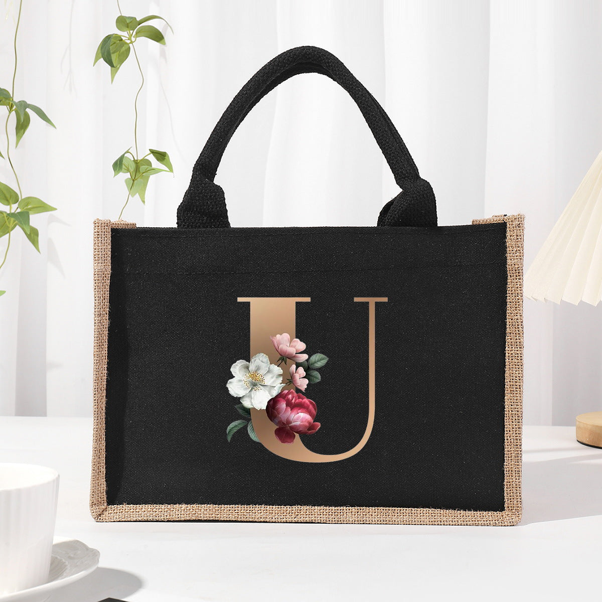 Cotton and linen canvas tote bag, printed letter tote bag, portable light handbag, gift shopping bag - SJB-DIAMOND ELITES