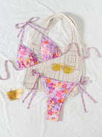 Hemming contrasting print strap sexy bikini split swimsuit Batwing Short Sleeve Shirt W Plants Print
