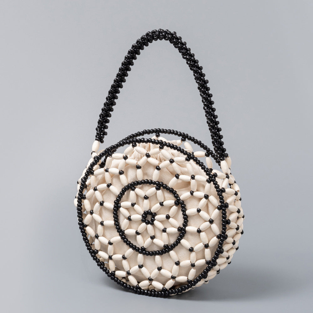 Small round wooden bead bag, hand-woven bag, women's seaside vacation beach bag, beaded small handbag - SJB-DIAMOND ELITES