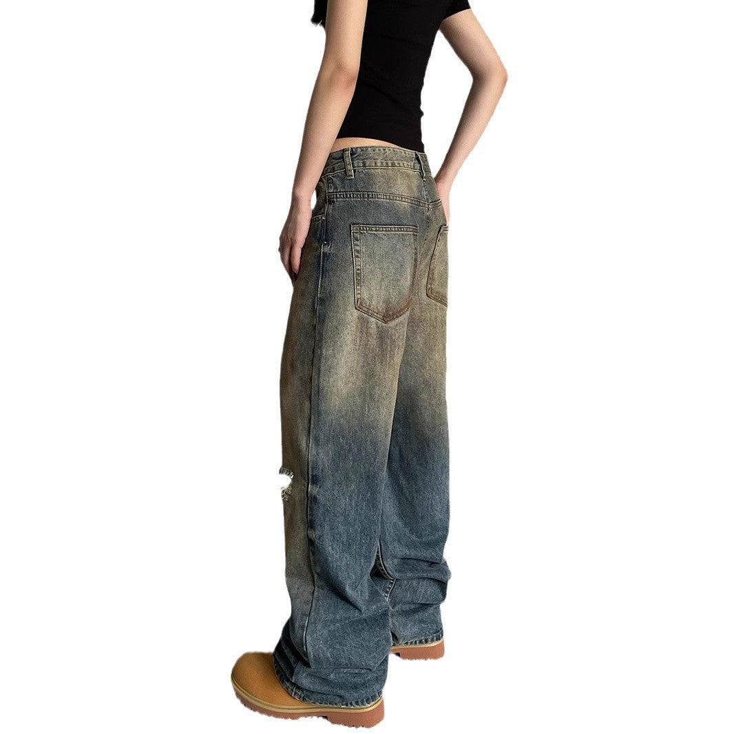 Niche Make Old Ripped Denim Fashion Brand Loose Straight Wide Leg Smart Trousers Lootquake LLC