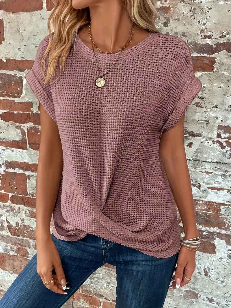 Batwing Sleeve Twist Hem Waffle Knit Tee
