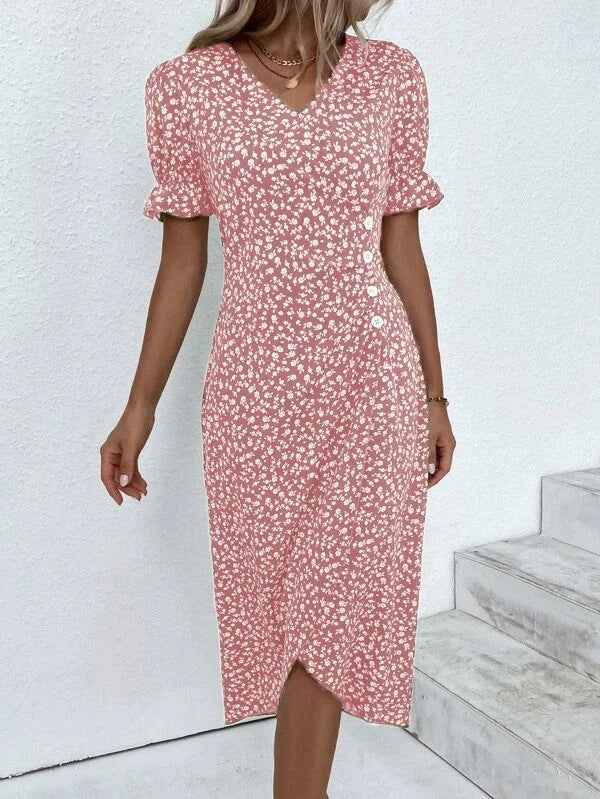 Slim-fit Women's Geometric Collage Bubble Sleeves Irregular hem Dress Sub Female Split Dress Summer Floral dress