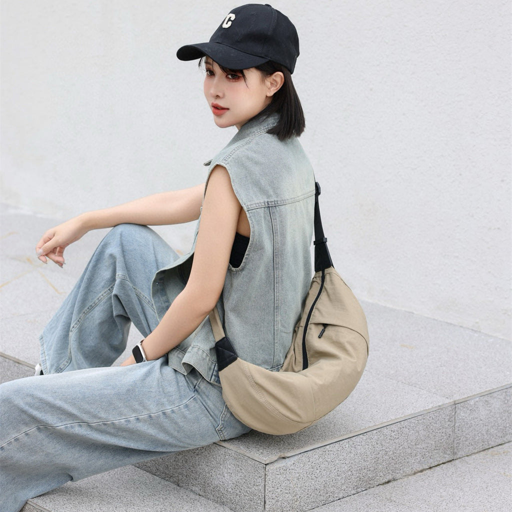 Casual Versatile Crossbody Canvas Bag, Wide Shoulder Strap Single Shoulder Messenger Bag, Dumpling Bag Simple Style Unisex, Moon Bag, Light Space Cloth Bag - SJB-DIAMOND ELITES