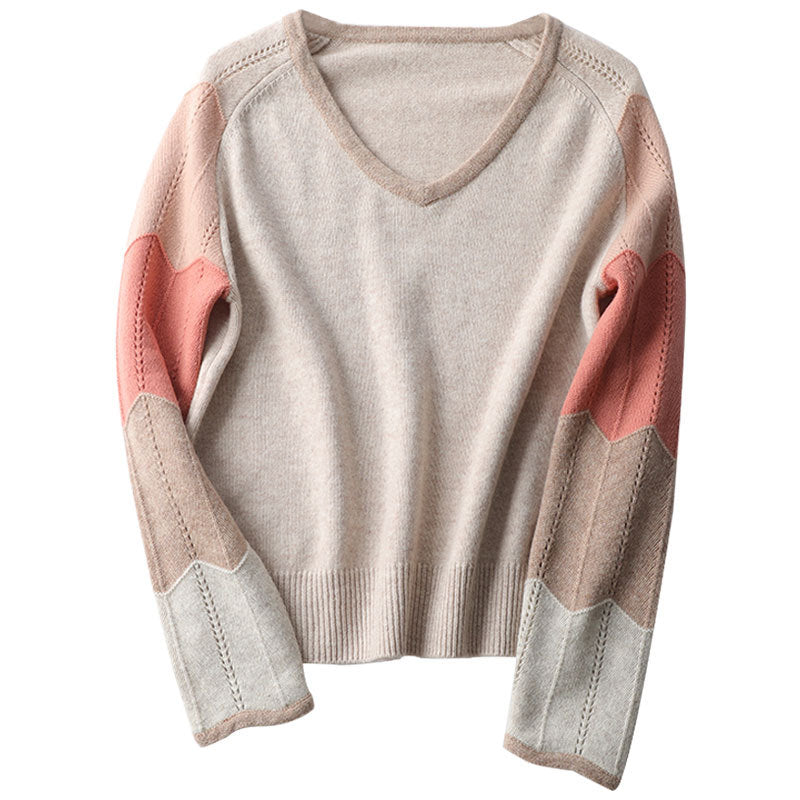 Contrast Color Woolen Sweater Women V-neck Pullover Patchwork Color Thermal Knitting Sweater Women Pi-Mart