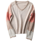 Contrast Color Woolen Sweater Women V-neck Pullover Patchwork Color Thermal Knitting Sweater Women Pi-Mart
