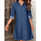 Women's temperament elegant fashion casual solid color front buckle crimped sleeve lapel solid color long tencel cotton