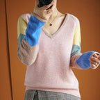 Contrast Color Woolen Sweater Women V-neck Pullover Patchwork Color Thermal Knitting Sweater Women Pi-Mart