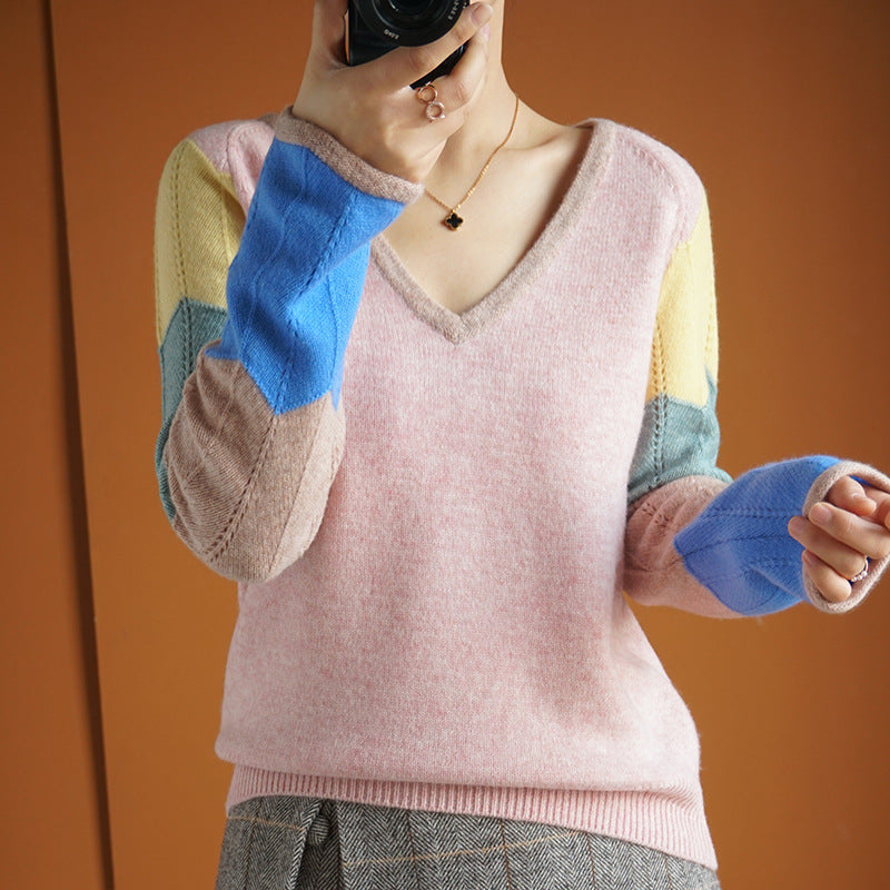 Contrast Color Woolen Sweater Women V-neck Pullover Patchwork Color Thermal Knitting Sweater Women Pi-Mart