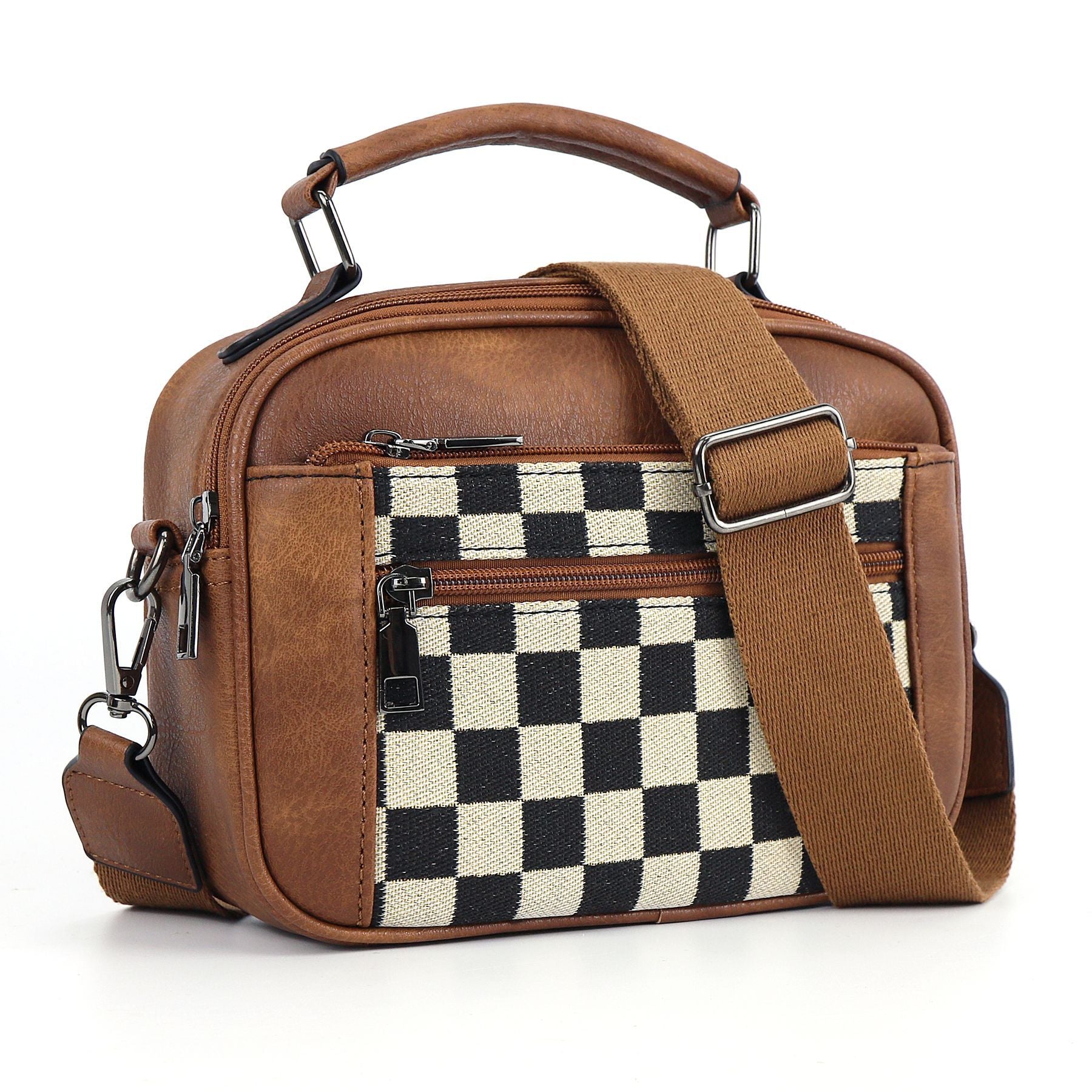 Chessboard double zipper small crossbody bag,Tote small crossbodyPU square bag, Small Crossbody Purse for Women Triple Zip, - SJB-DIAMOND ELITES