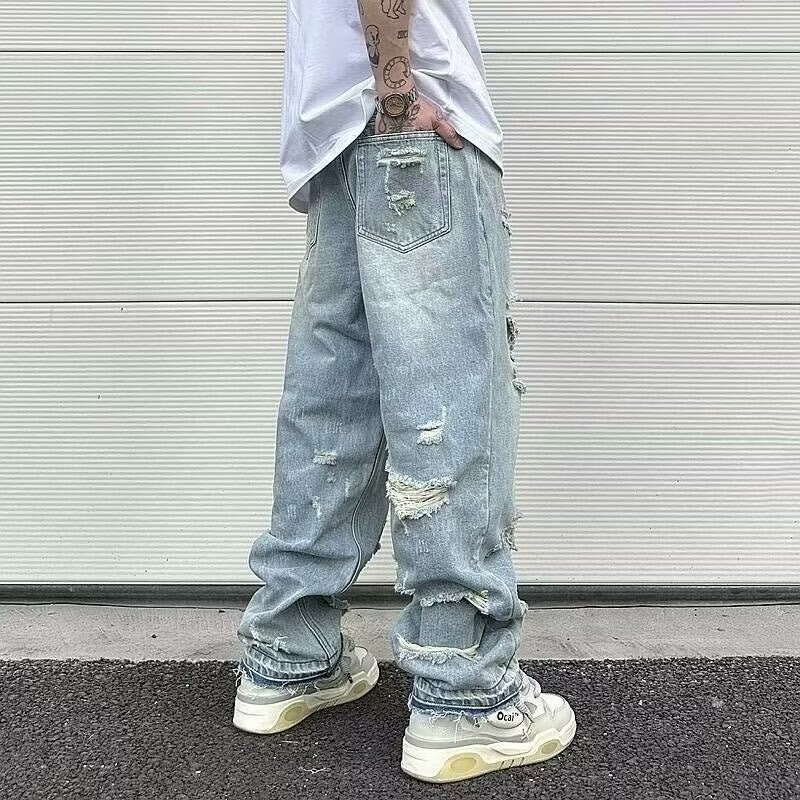 Water Washed Hole Retro Street Wide Leg Jeans Lootquake LLC