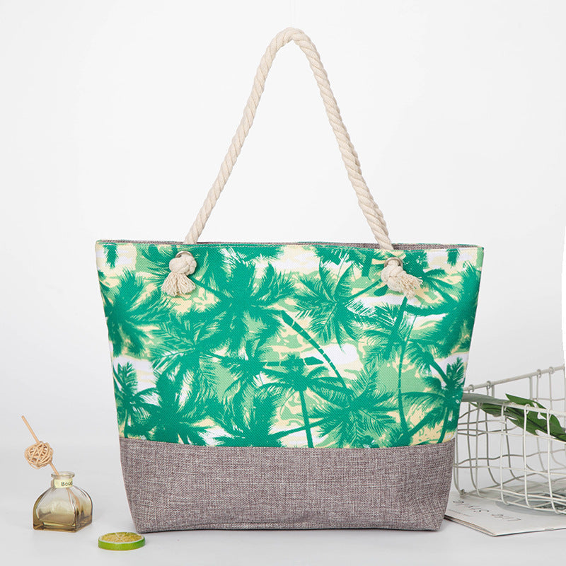 large capacity hemp rope linen ink printing shopping bag beach bag red-crowned crane shoulder seaside handbag women hobo - SJB-DIAMOND ELITES
