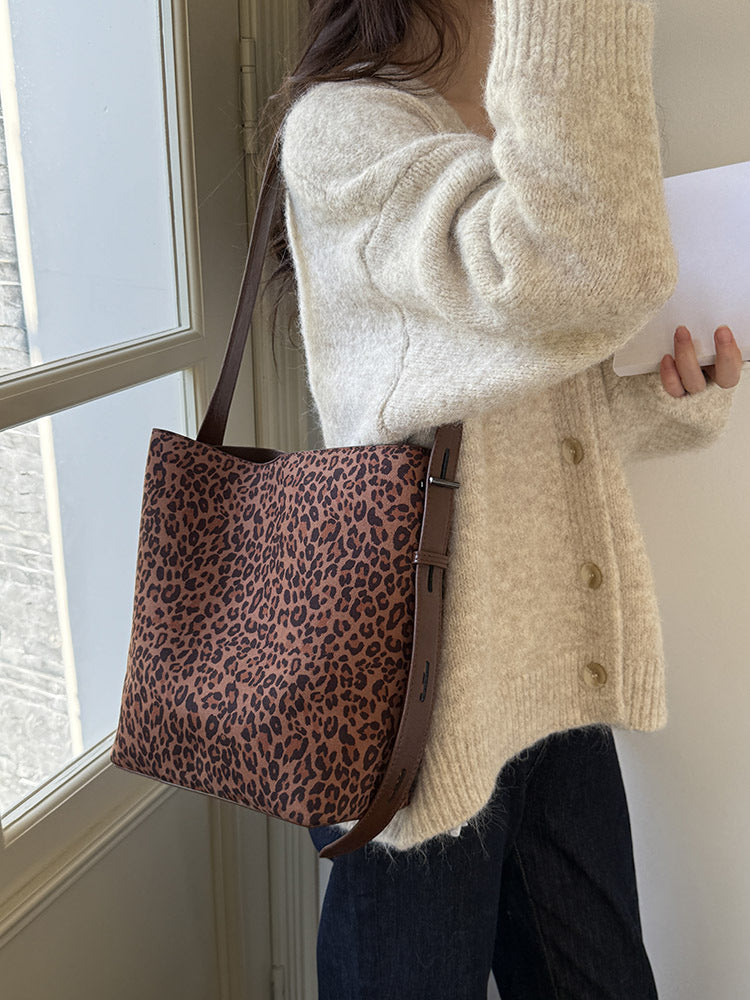 Suede vintage leopard print bucket bag, versatile shoulder crossbody women tote bag, hobo shoulder bag for women - SJB-DIAMOND ELITES