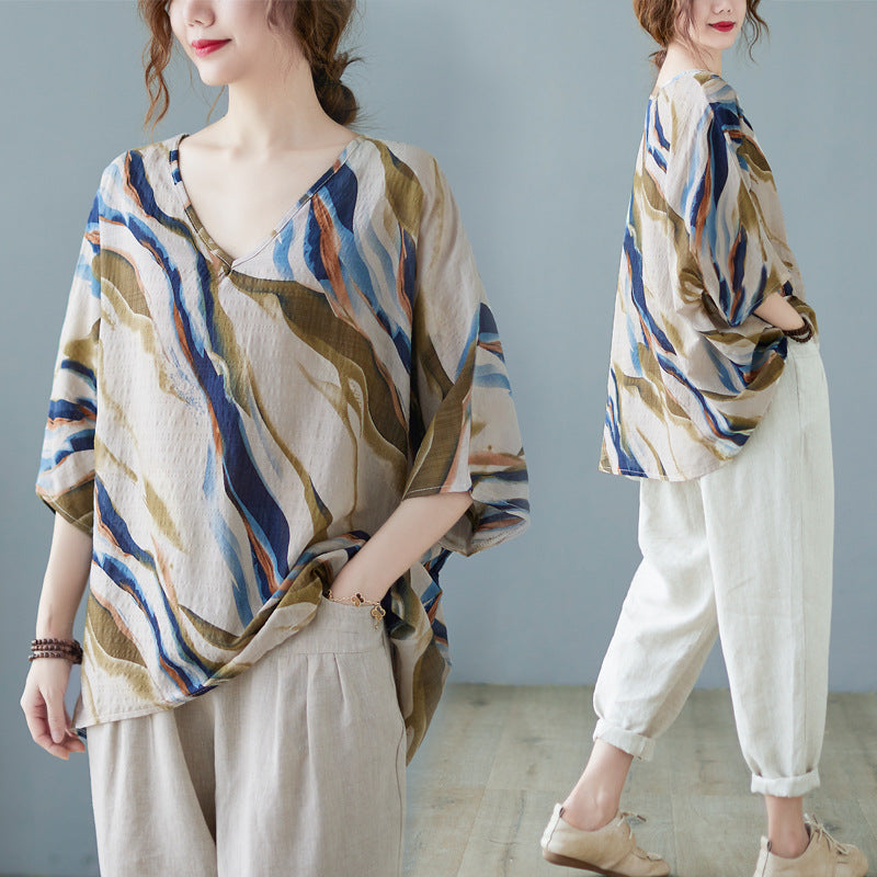 Cotton And Linen Art Batwing Sleeve Shirt Lootquake LLC
