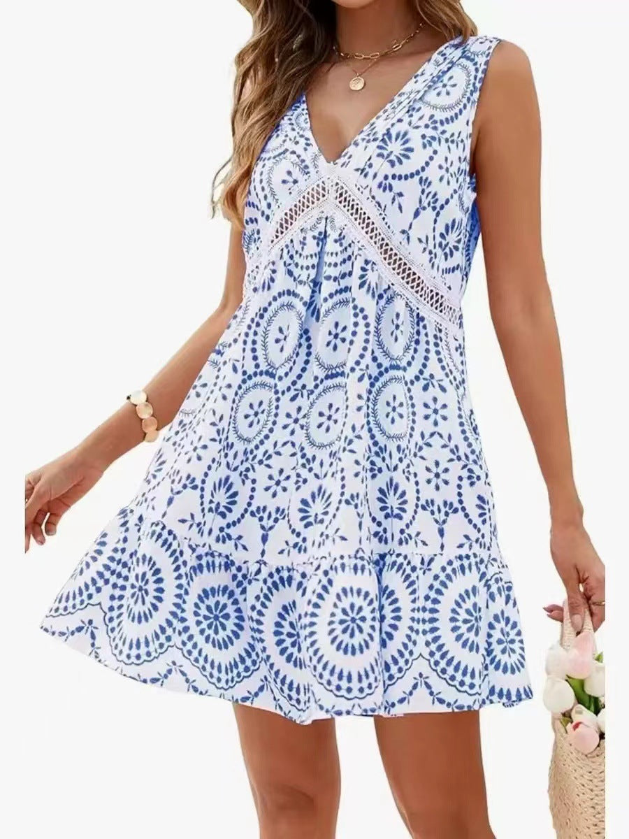 Women's Elegant Printed Hollow Lace V-neck Sleeveless Dress Lootquake LLC