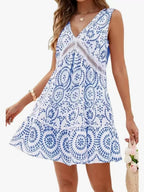 Women's Elegant Printed Hollow Lace V-neck Sleeveless Dress Lootquake LLC
