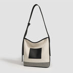 Canvas Splicing Large Capacity Bucket Bag, Wide Shoulder Strap Fashion hobo bag for women, Versatile Striped Shoulder Bag