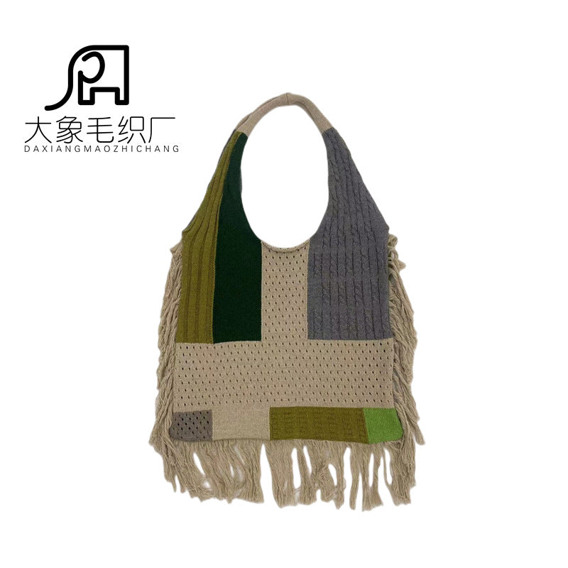 Tassel bag women, splicing knitted shoulder bag, simple and versatile retro knitted bag hobo - SJB-DIAMOND ELITES