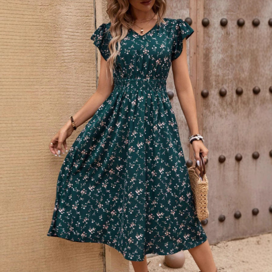 Fashion Elegant Women's V-neck Belted Ruffle Sleeve Print Dress Lootquake LLC