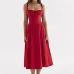 Square Neck Bustier Midi Dress - Low Cut Sleeveless Swing Sundress with Lace Trim & Spaghetti Straps
