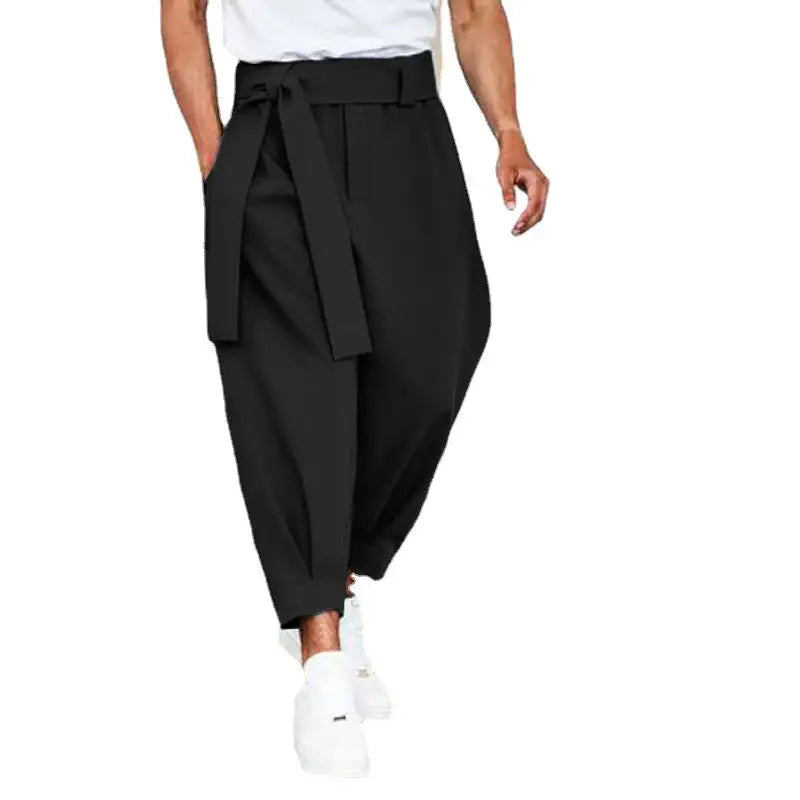 Men's Loose Solid Color Cropped Pants Belt Decoration European And American