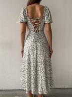 Sleeveless Floral Print Maxi Dress - Strapless Square Neck with High Slit & Waist Emphasis