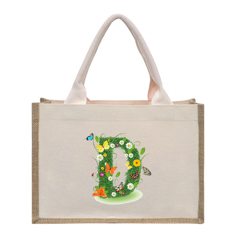 Cotton and linen canvas tote bag, printed letter tote bag, portable light handbag, gift shopping bag - SJB-DIAMOND ELITES