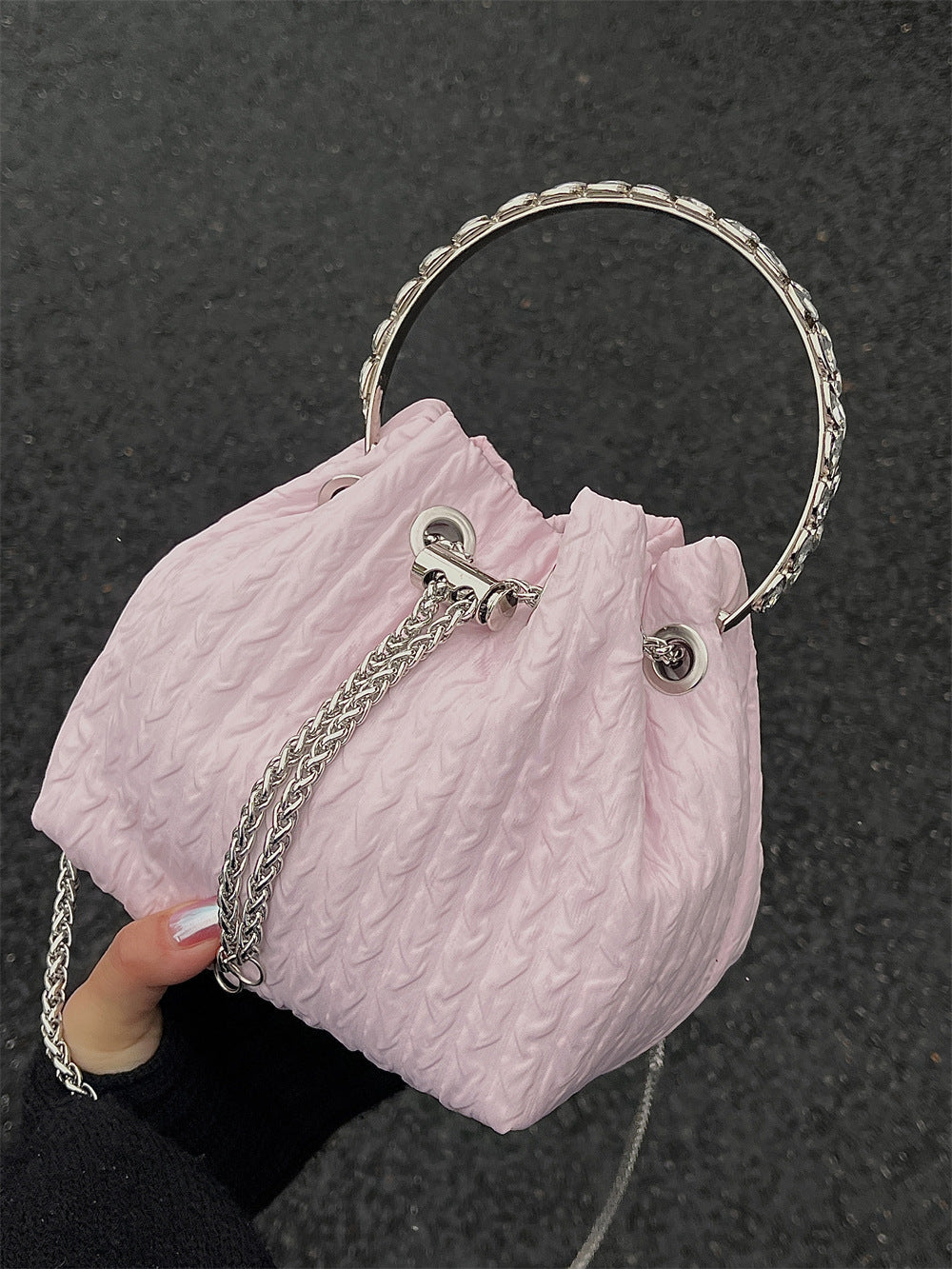 Rhinestone chain handbag women, fashion drawstring bucket bag evening clutch purse party Prom bag Party purse Prom bags clutches - SJB-DIAMOND ELITES
